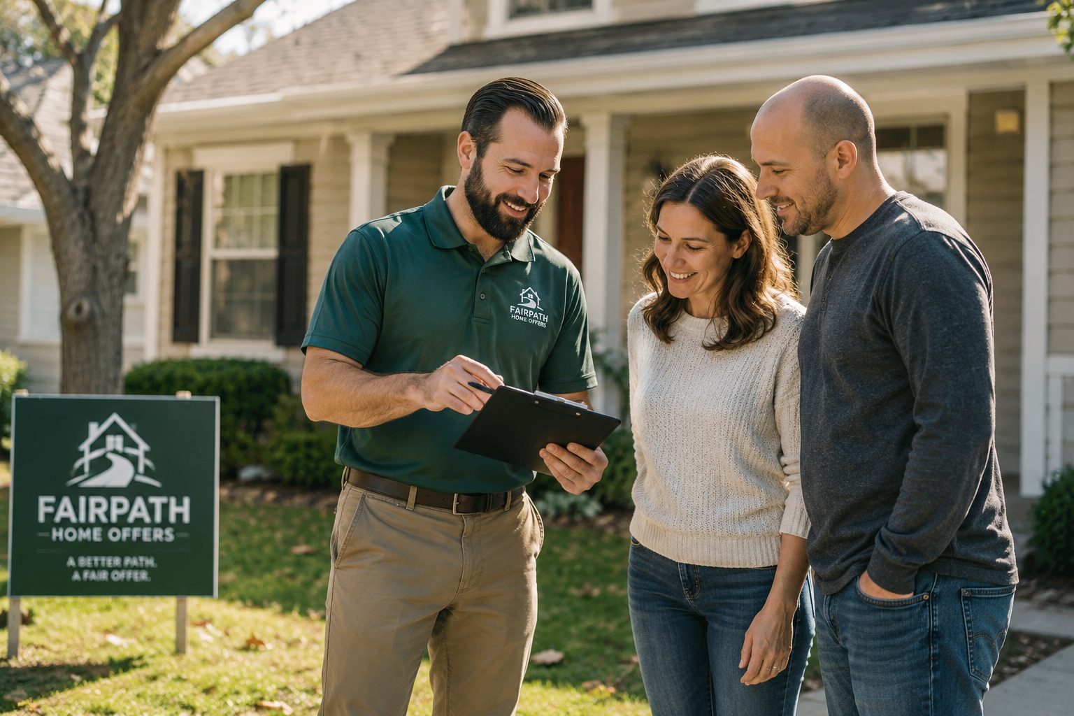 A FairPath Home Offers representative in a green polo reviewing a fair cash offer with two homeowners in front of their house
